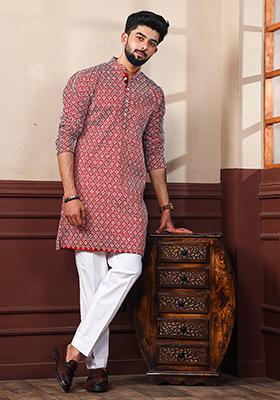Maroon Chikankari Embroidered Khadi Silk Kurta Pyjama Set For Men