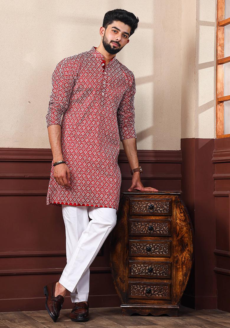 Maroon Chikankari Embroidered Khadi Silk Kurta Pyjama Set For Men