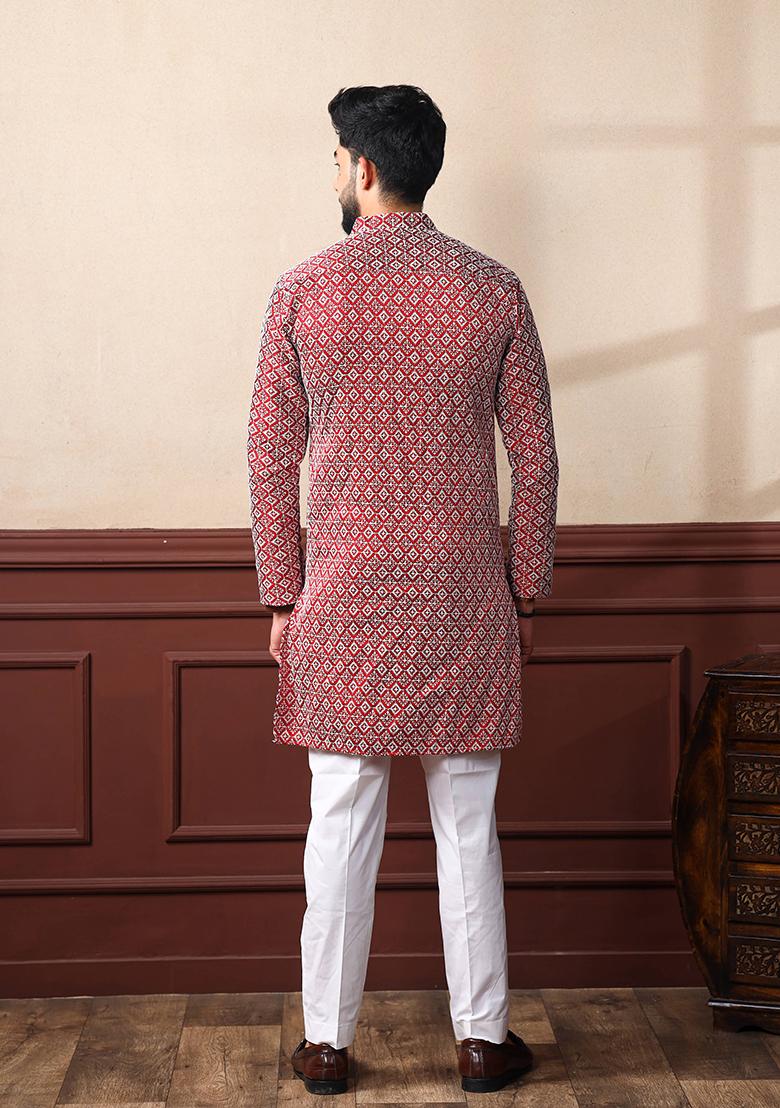 Maroon Chikankari Embroidered Khadi Silk Kurta Pyjama Set For Men