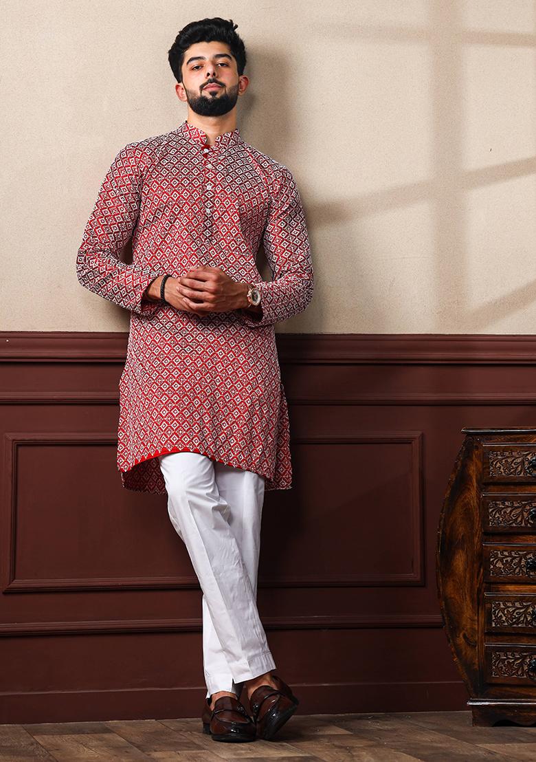Maroon Chikankari Embroidered Khadi Silk Kurta Pyjama Set For Men