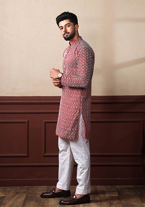 Maroon Chikankari Embroidered Khadi Silk Kurta Pyjama Set For Men