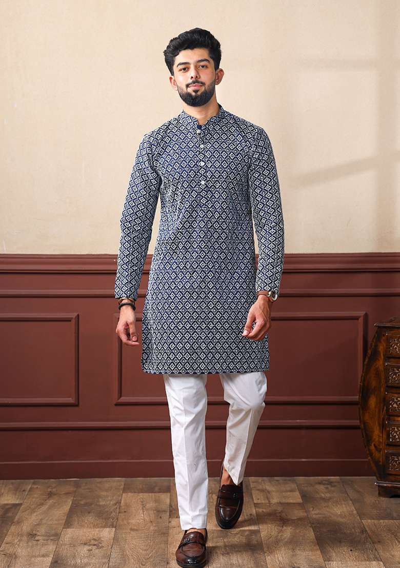 Navy Blue Chikankari Embroidered Khadi Silk Kurta Pyjama Set For Men - Indya