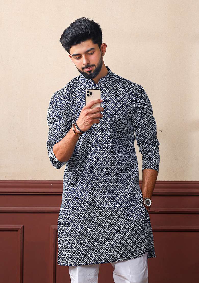 Navy Blue Chikankari Embroidered Khadi Silk Kurta Pyjama Set For Men - Indya