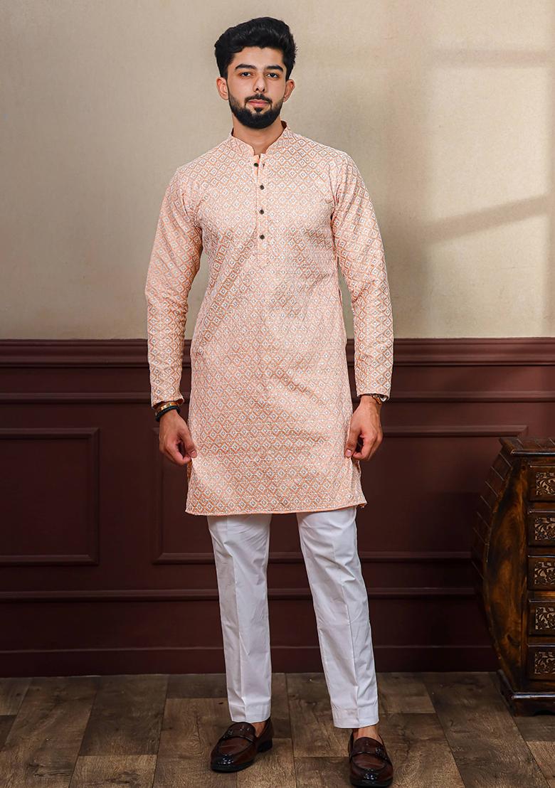 Peach Chikankari Embroidered Khadi Silk Kurta Pyjama Set For Men