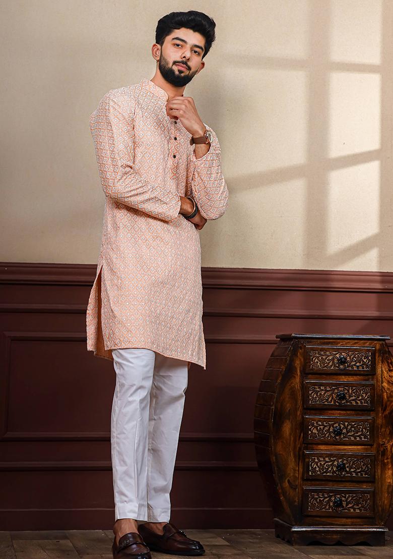 Peach Chikankari Embroidered Khadi Silk Kurta Pyjama Set For Men