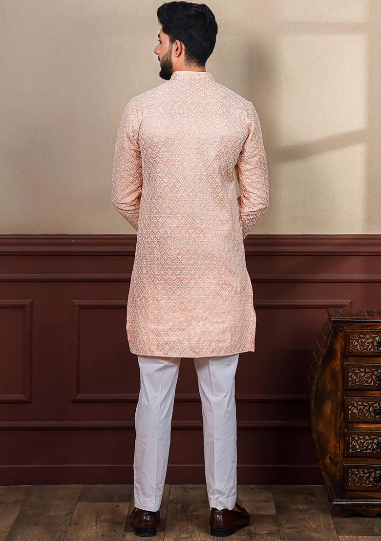 Peach Chikankari Embroidered Khadi Silk Kurta Pyjama Set For Men
