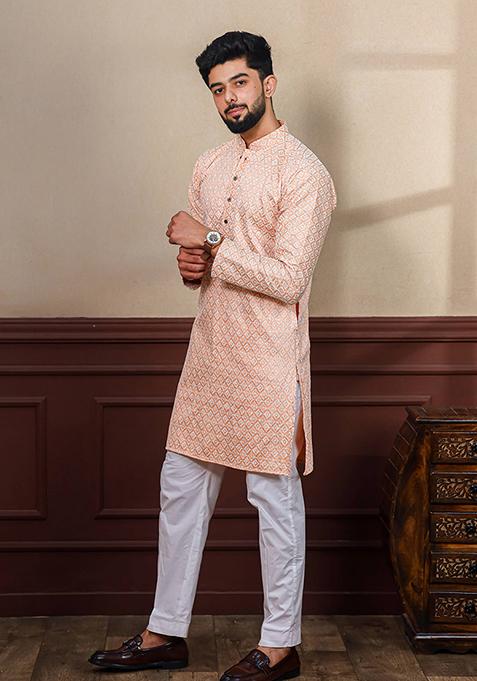 Peach Chikankari Embroidered Khadi Silk Kurta Pyjama Set For Men