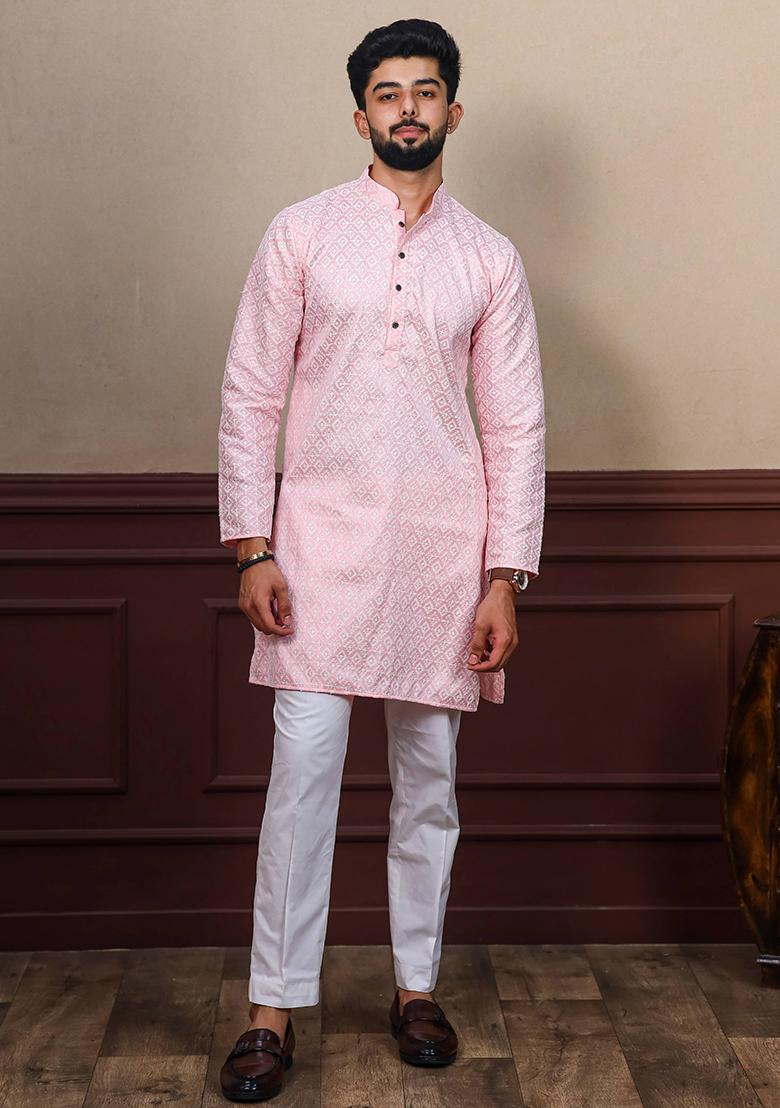Pink Chikankari Embroidered Khadi Silk Kurta Pyjama Set For Men