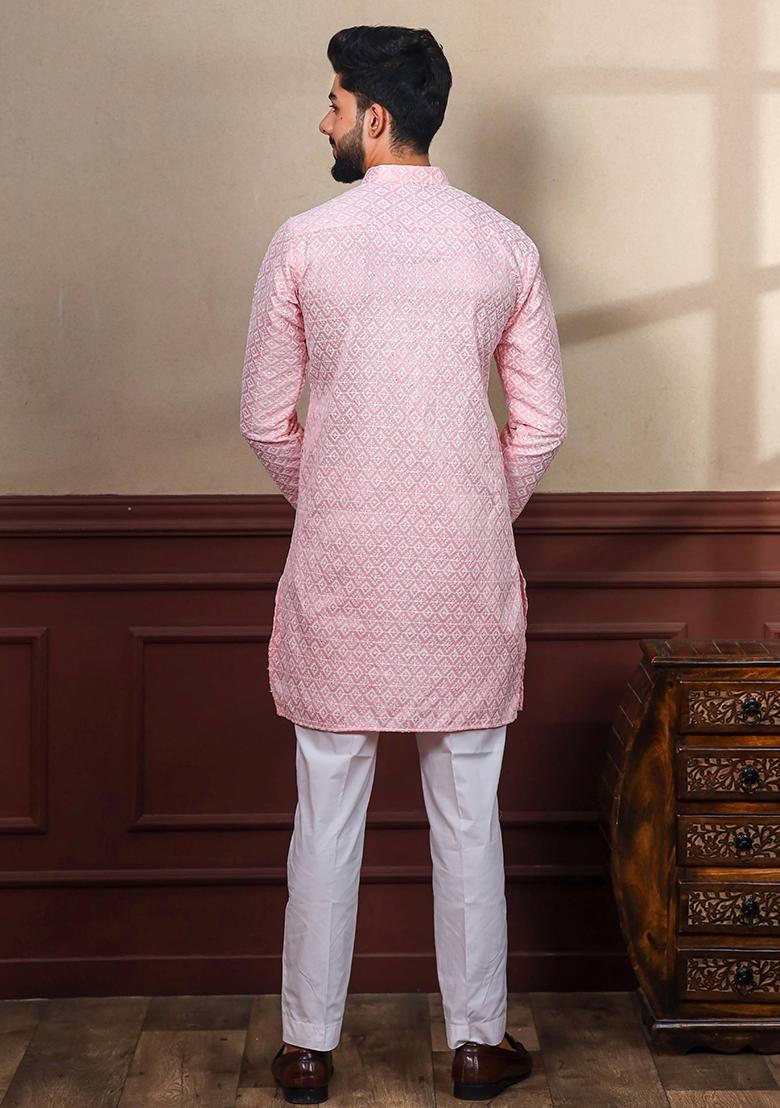 Pink Chikankari Embroidered Khadi Silk Kurta Pyjama Set For Men