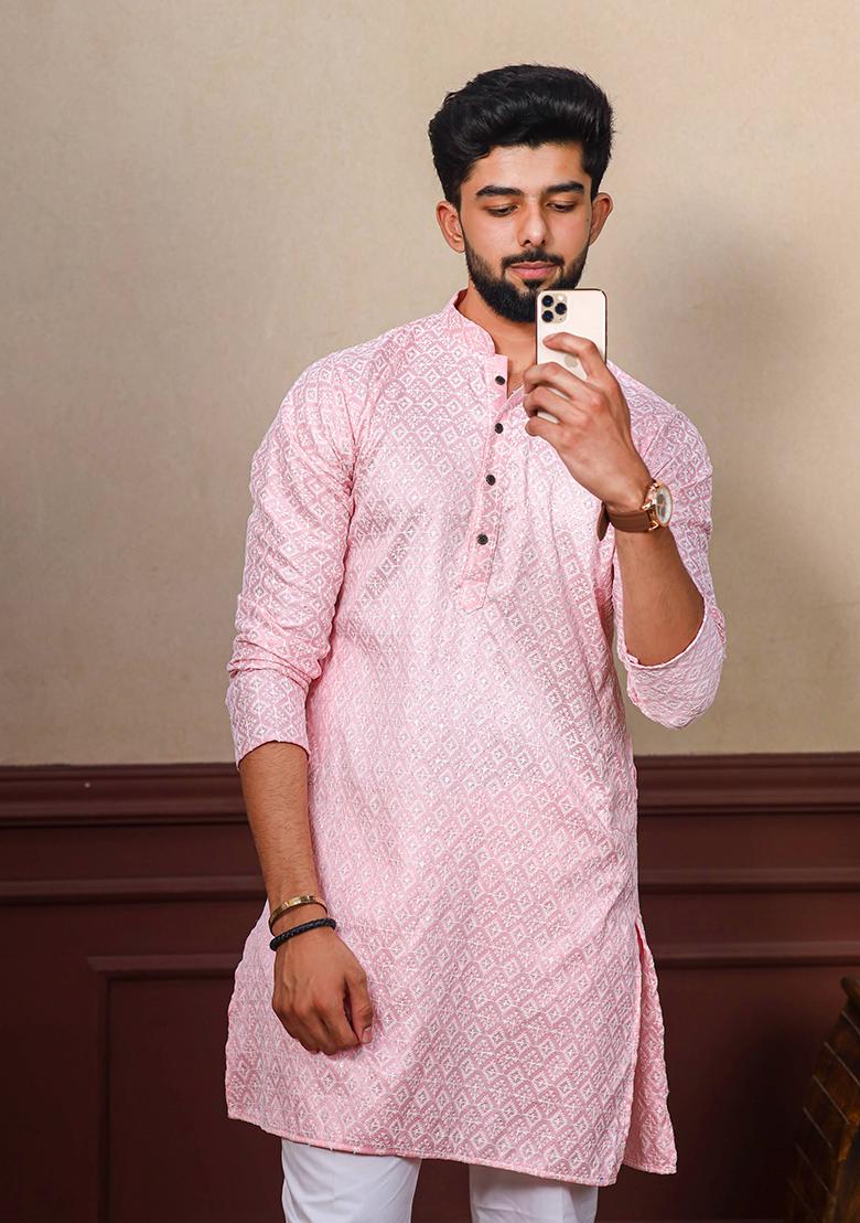 Pink Chikankari Embroidered Khadi Silk Kurta Pyjama Set For Men