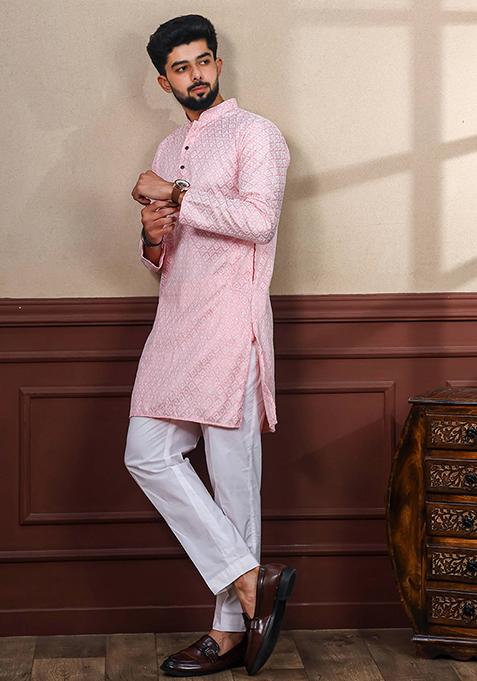 Pink Chikankari Embroidered Khadi Silk Kurta Pyjama Set For Men