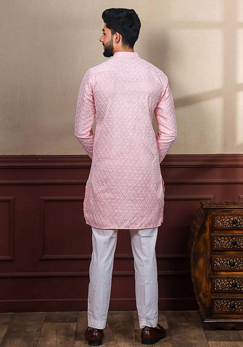 Pink Chikankari Embroidered Khadi Silk Kurta Pyjama Set For Men