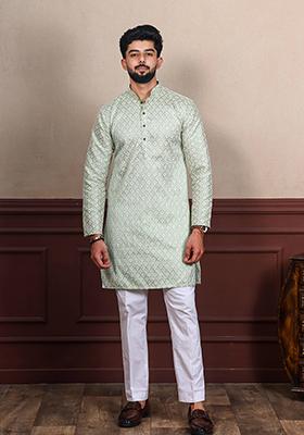 Pista Green Chikankari Embroidered Khadi Silk Kurta Pyjama Set For Men