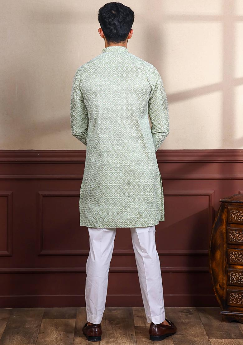 Pista Green Chikankari Embroidered Khadi Silk Kurta Pyjama Set For Men