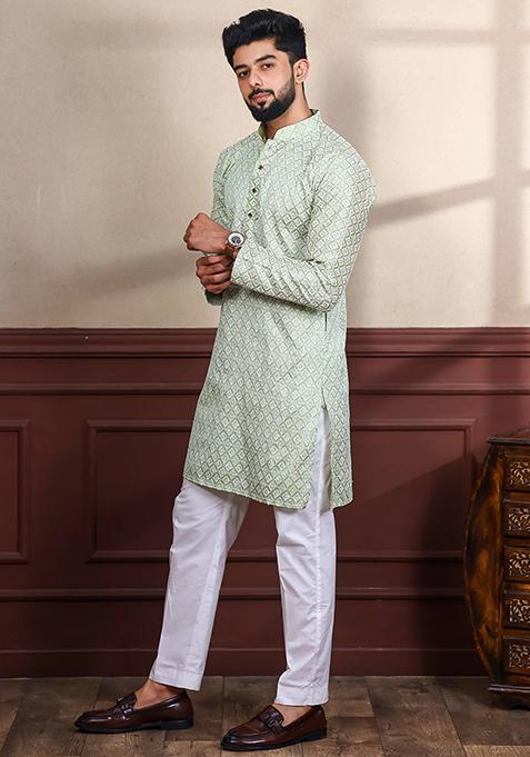 Pista Green Chikankari Embroidered Khadi Silk Kurta Pyjama Set For Men