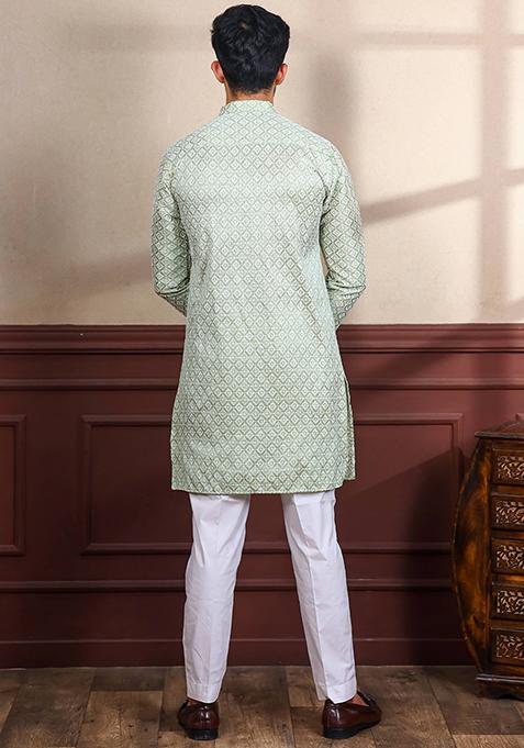 Pista Green Chikankari Embroidered Khadi Silk Kurta Pyjama Set For Men