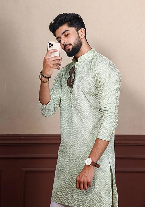 Pista Green Chikankari Embroidered Khadi Silk Kurta Pyjama Set For Men