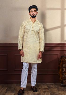 Tusser Chikankari Embroidered Khadi Silk Kurta Pyjama Set For Men