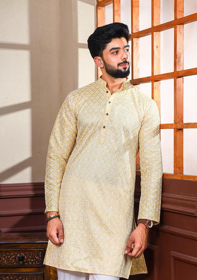 Tusser Chikankari Embroidered Khadi Silk Kurta Pyjama Set For Men