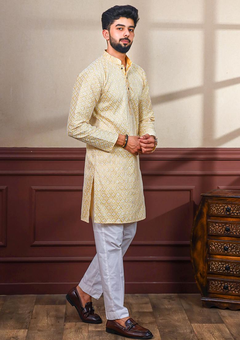Tusser Chikankari Embroidered Khadi Silk Kurta Pyjama Set For Men