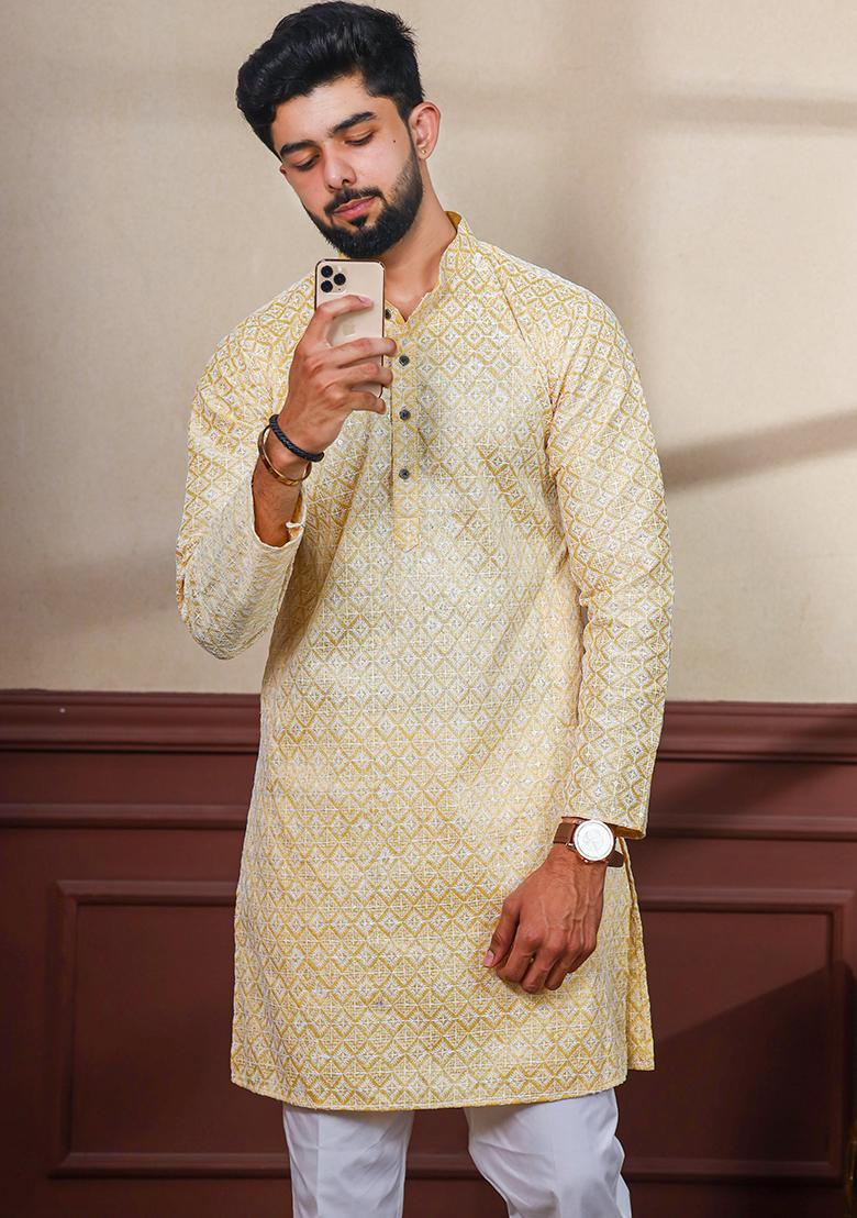 Tusser Chikankari Embroidered Khadi Silk Kurta Pyjama Set For Men