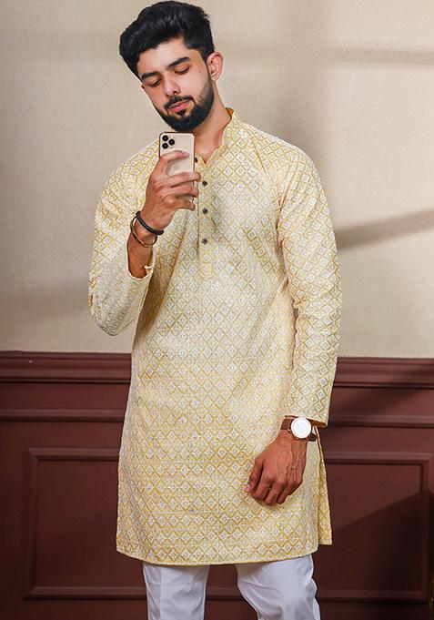 Tusser Chikankari Embroidered Khadi Silk Kurta Pyjama Set For Men