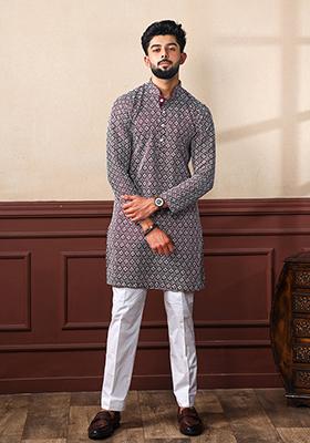Wine Chikankari Embroidered Khadi Silk Kurta Pyjama Set For Men