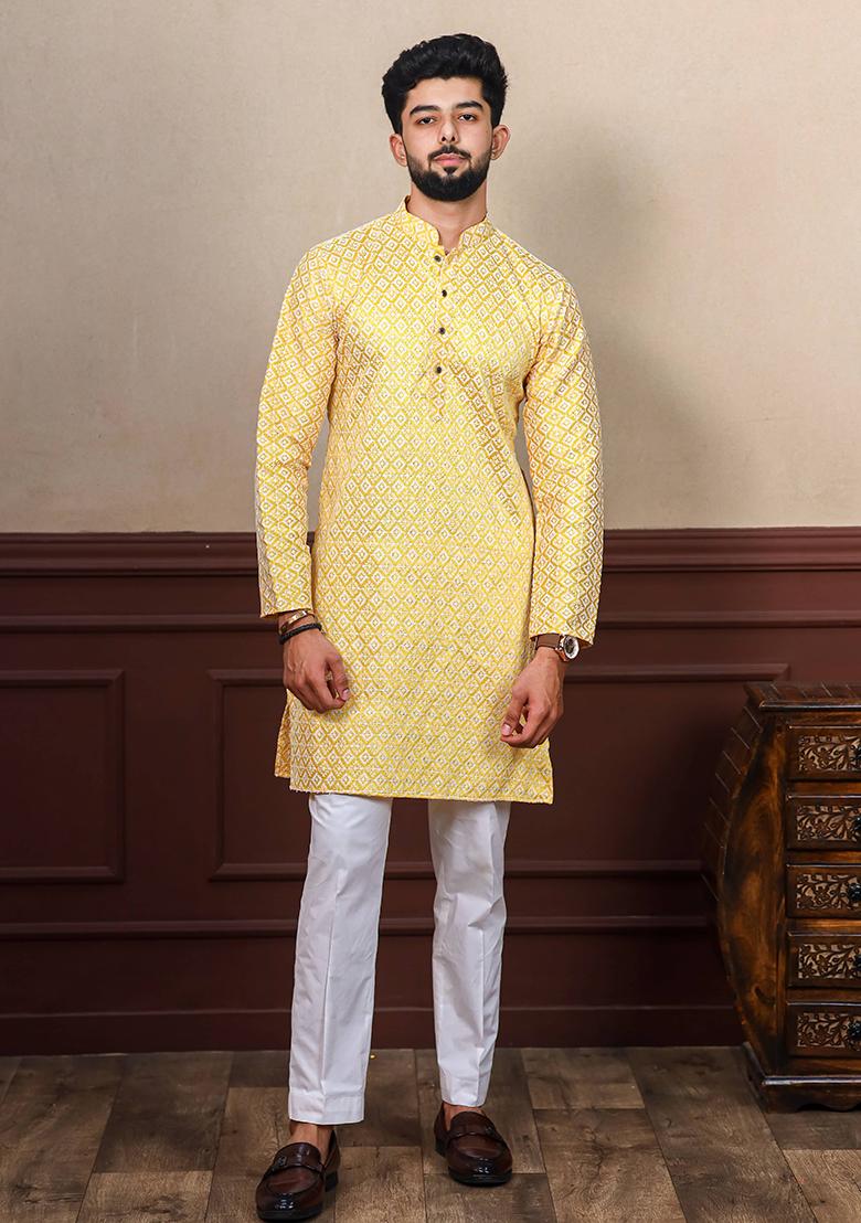 Yellow Chikankari Embroidered Khadi Silk Kurta Pyjama Set For Men