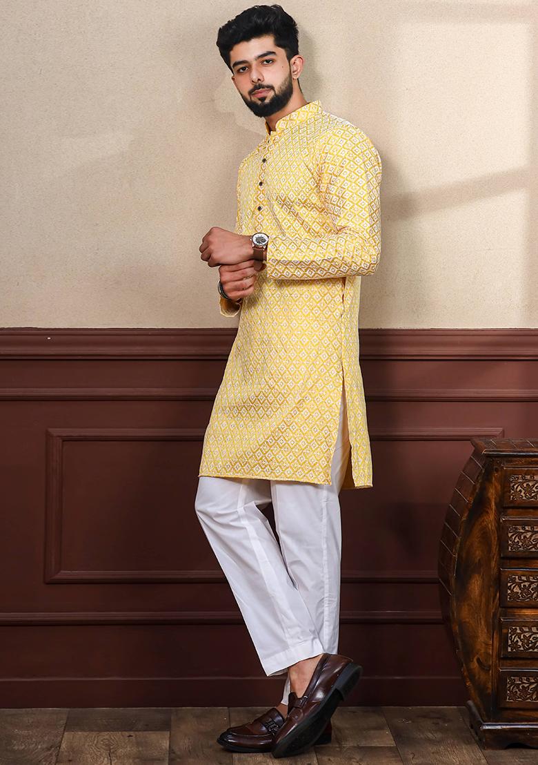 Yellow Chikankari Embroidered Khadi Silk Kurta Pyjama Set For Men