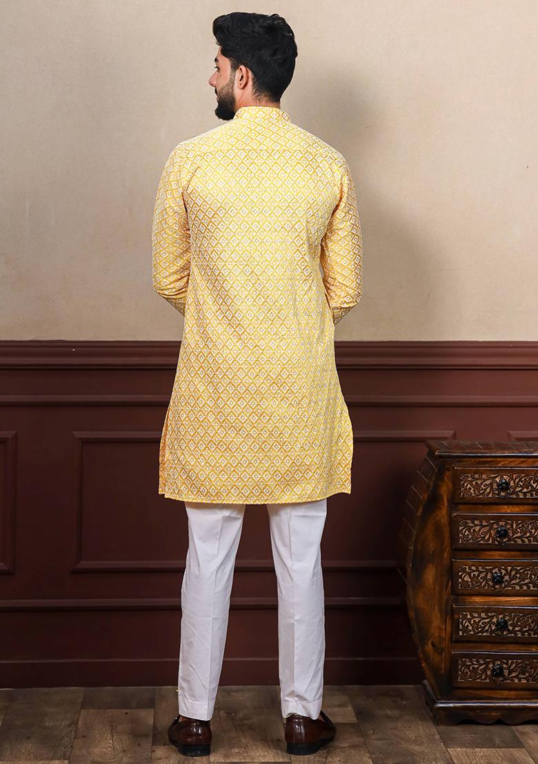 Yellow Chikankari Embroidered Khadi Silk Kurta Pyjama Set For Men