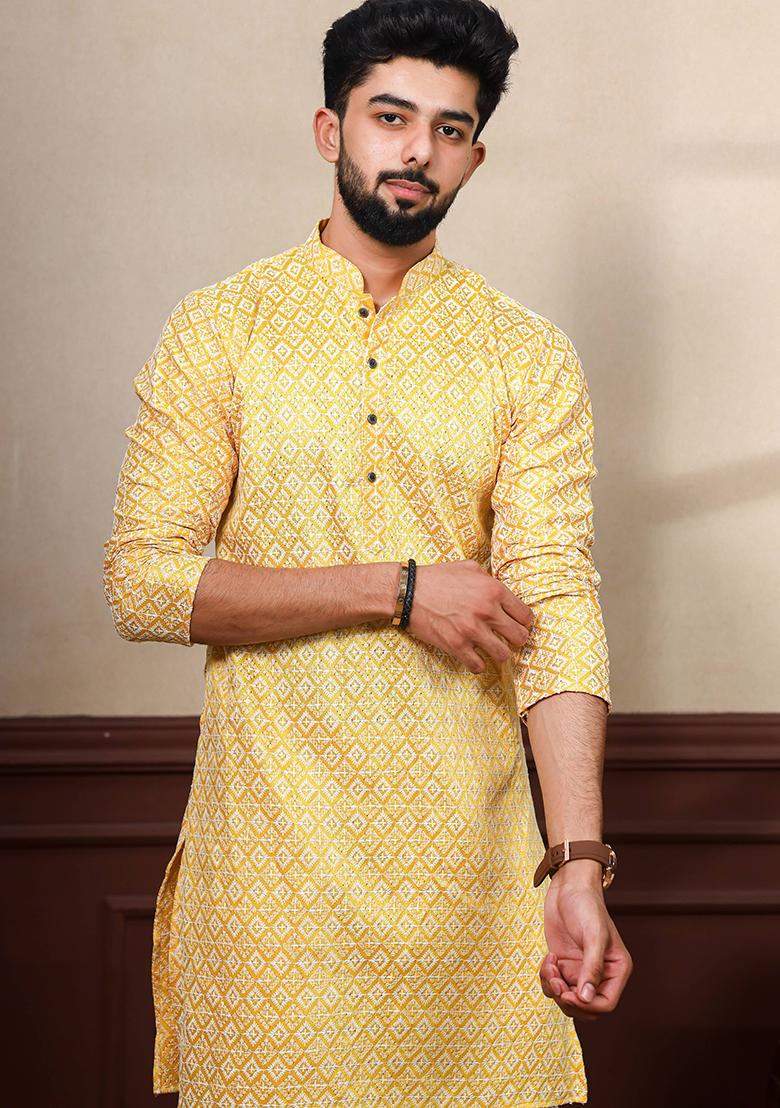 Yellow Chikankari Embroidered Khadi Silk Kurta Pyjama Set For Men