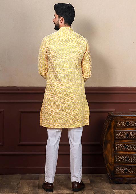 Yellow Chikankari Embroidered Khadi Silk Kurta Pyjama Set For Men