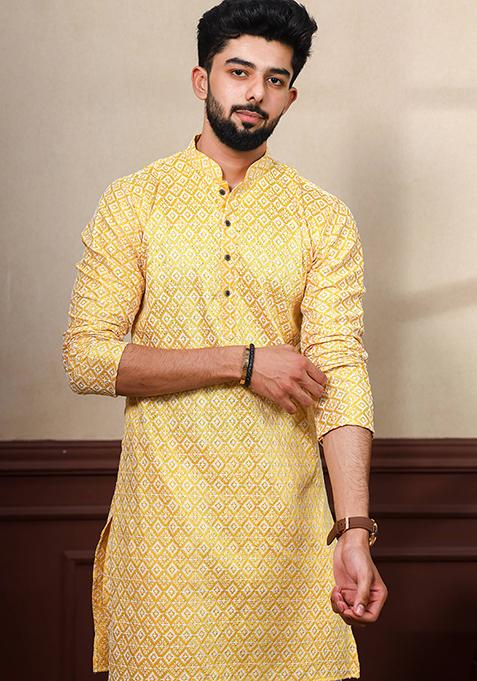 Yellow Chikankari Embroidered Khadi Silk Kurta Pyjama Set For Men