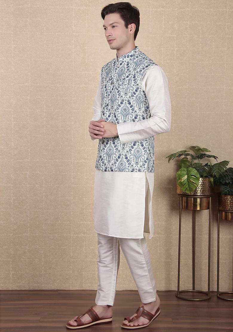 Blue Digital Print Khadi Silk Nehru Jacket For Men