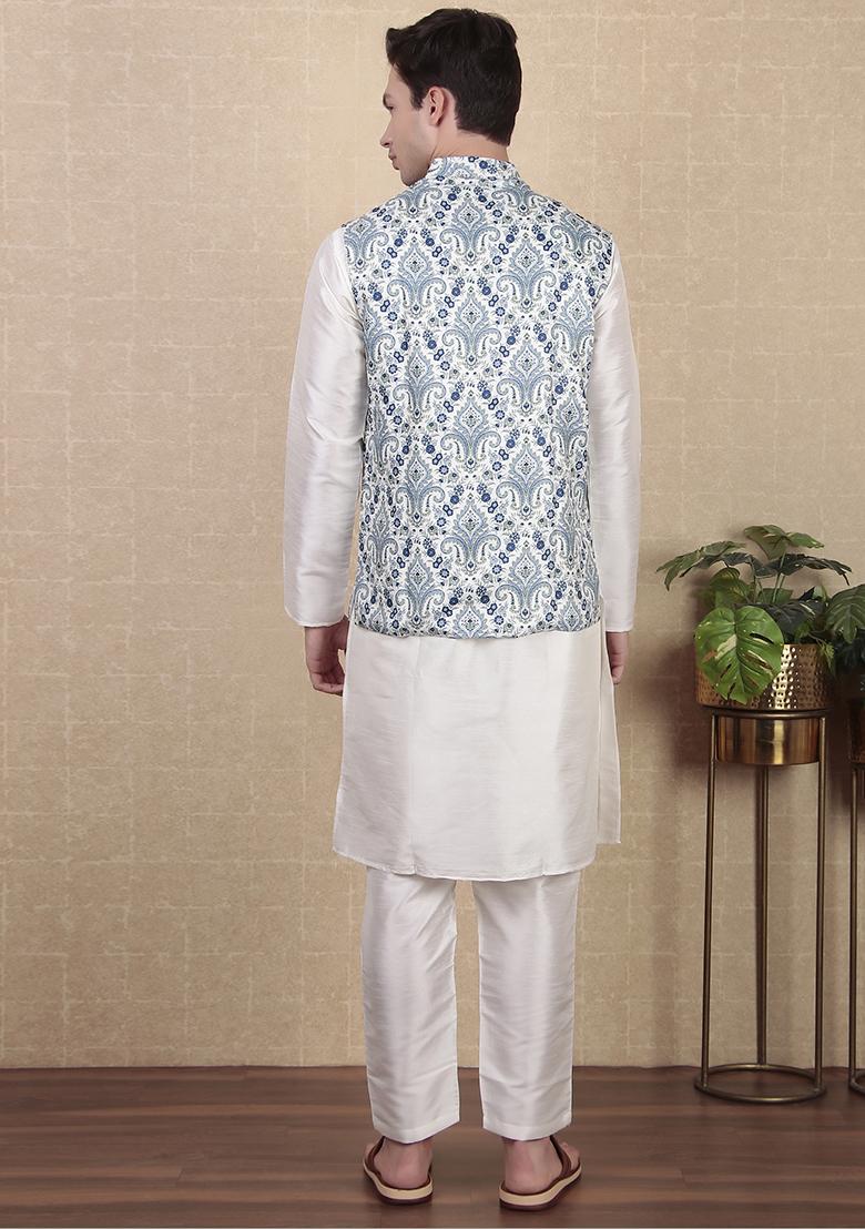 Blue Digital Print Khadi Silk Nehru Jacket For Men
