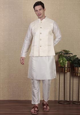 Off White Digital Print Khadi Silk Nehru Jacket For Men