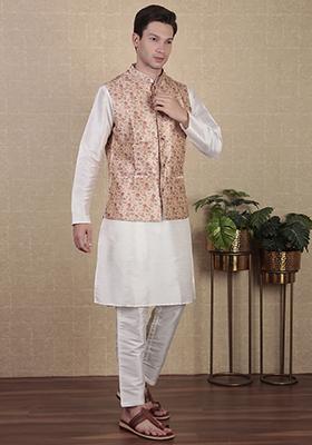 Beige Digital Print Khadi Silk Nehru Jacket For Men