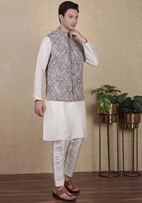 Grey Digital Print Khadi Silk Nehru Jacket For Men