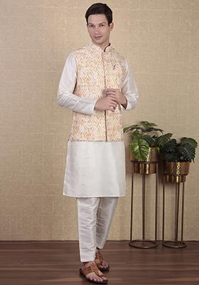 Yellow Digital Print Khadi Silk Nehru Jacket For Men