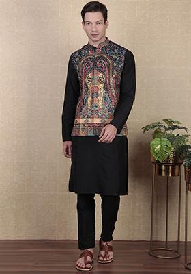 Blue Digital Print Khadi Silk Nehru Jacket For Men