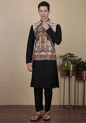 White Digital Print Khadi Silk Nehru Jacket For Men