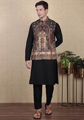 Black Digital Print Khadi Silk Nehru Jacket For Men