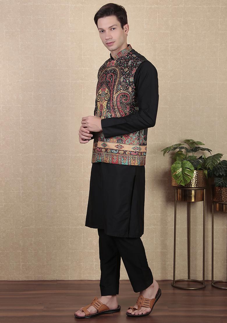 Black Digital Print Khadi Silk Nehru Jacket For Men - Indya