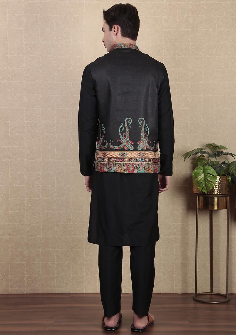 Black Digital Print Khadi Silk Nehru Jacket For Men - Indya