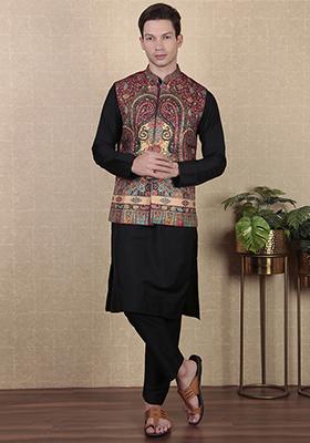 Maroon Digital Print Khadi Silk Nehru Jacket For Men