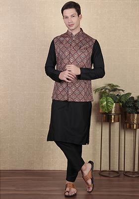 Maroon Digital Print Khadi Silk Nehru Jacket For Men