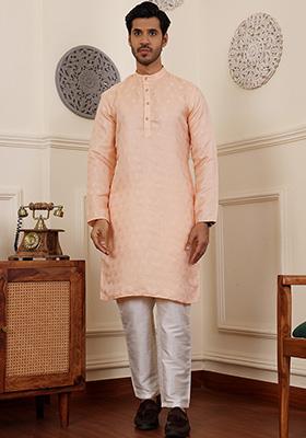 Peach Woven Viscose Kurta Pyjama Set For Men