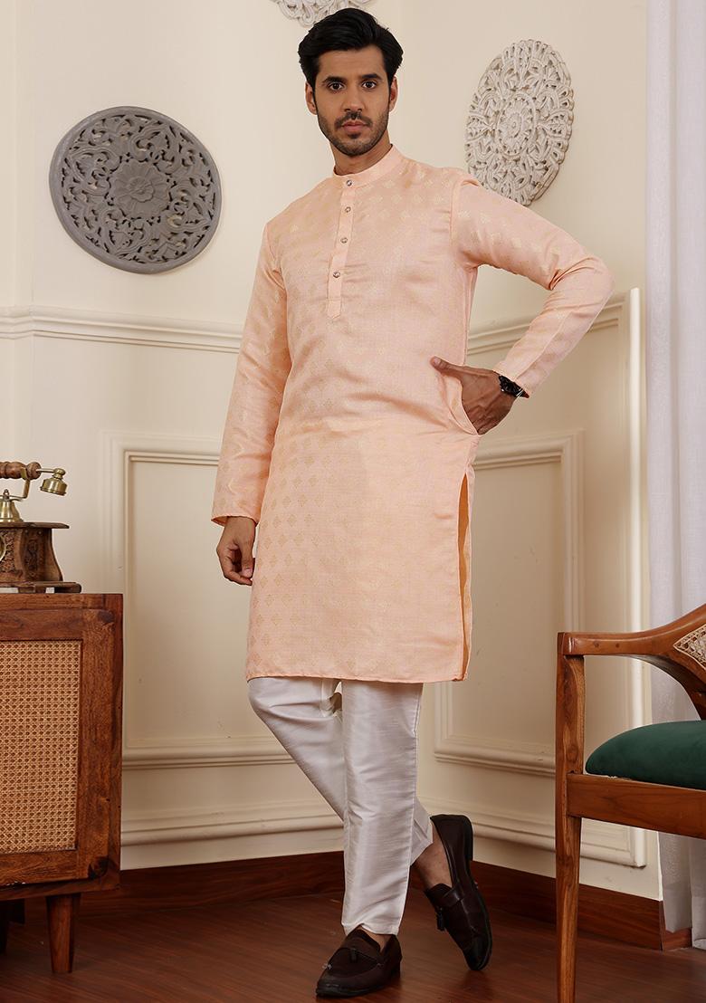 Peach Woven Viscose Kurta Pyjama Set For Men