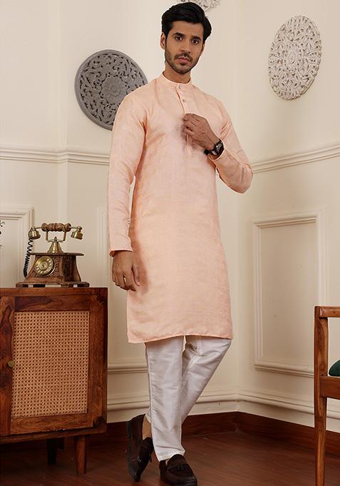 Peach Woven Viscose Kurta Pyjama Set For Men
