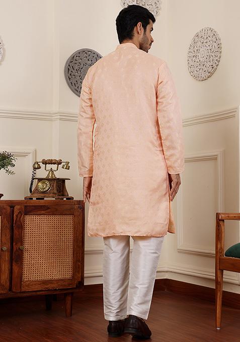 Peach Woven Viscose Kurta Pyjama Set For Men